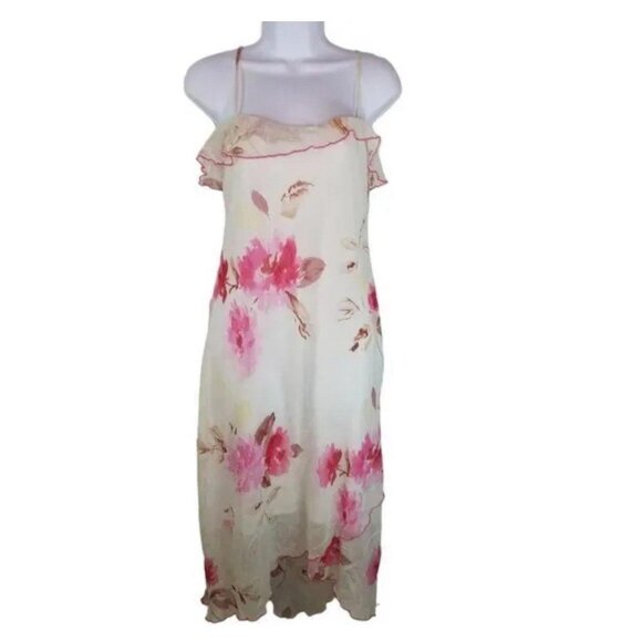 Byer Too Dresses & Skirts - Vtg 90s y2k cream pink floral asymmetrical sleeveless dress jr 9